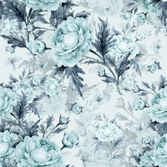 Seamless watercolor pattern with roses and butterflies