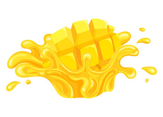 Fresh bright mango juice splash burst isolated on white background. Summer fruit juice. Cartoon style. Vector illustration for any design.