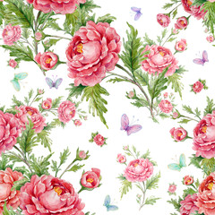 Obraz na płótnie Canvas seamless watercolor pattern with roses and butterflies