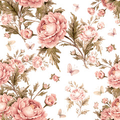 seamless watercolor pattern with roses and butterflies