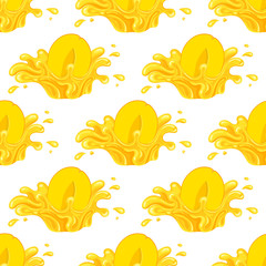 Seamless pattern with fresh bright mango juice splash burst isolated on white background. Summer fruit juice. Cartoon style. Vector illustration for any design.