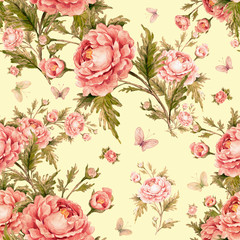 Seamless watercolor pattern with roses and butterflies