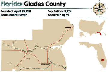Large and detailed map of Glades county in Florida, USA.