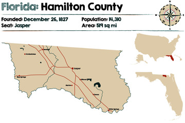 Large and detailed map of Hamilton county in Florida, USA.