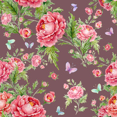  Seamless watercolor pattern with roses and butterflies