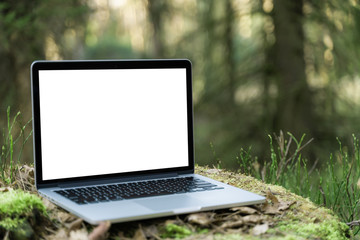Laptop outside concept. Empty copy space, blank screen mockup. Soft focus laptop in nature background. Ecology travel and work outside office concept. - 337437671