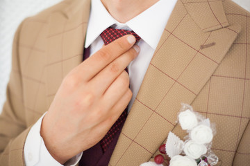Man's hands touches bow-tie on a suit