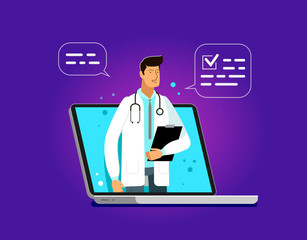 Medical services provided through an application on laptop. Health vector illustration