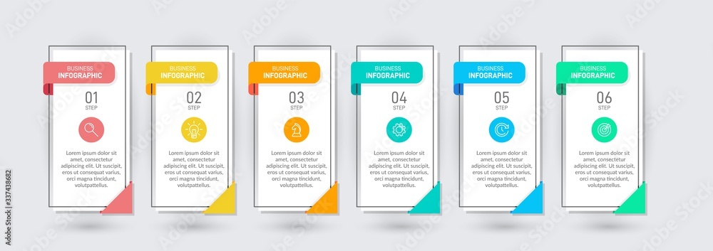 Aufkleber concept of arrow business model with 6 successive isometric steps. six colorful graphic elements. ti