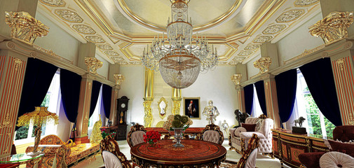 Wireframe luxuriously decorated rococo style room, living room, Byzantine gold and sculptures, draft, 3d rendering, 3d illustration