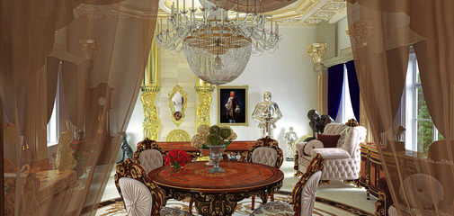 Wireframe luxuriously decorated rococo style room, living room, Byzantine gold and sculptures, draft, 3d rendering, 3d illustration