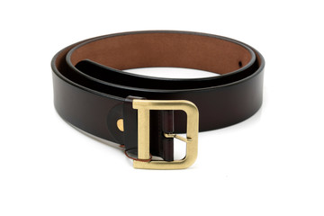 Men's brown leather belt with a metal buckle on a white background
