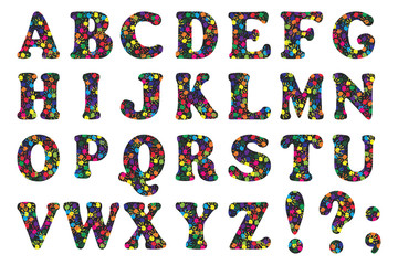 Bright rainbow hand print latin alphabet on white background