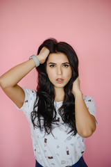 Fototapeta premium Beautiful Woman touch her health long straight hair care with smile face. Photography of a russian beauty, sexy model.