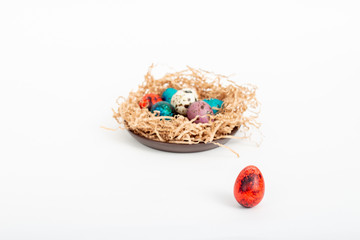 Fototapeta na wymiar Multi-colored quail eggs for Easter in the filler