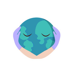 Planet Earth in the safe hands of medical professionals. Planet. Hands in medical gloves. Flat style. Vector illustration isolated on white background.