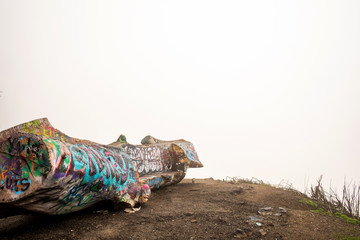 A large log with graffiti painted on it at a foggy overlook.