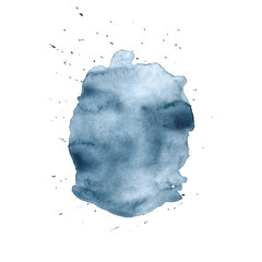 Watercolor dark blue abstract splash on white background. Hand drawing illustration on watercolor paper can be used in greeting cards, posters, flyers, banners, logo, further design etc.