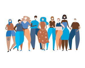 Fototapeta premium Masked people for protection against infection and coronovirus as a concept of hazard prevention, flat vector stock illustration with multicultural men and women fighting the virus