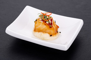 Fish and meat canapés for visiting catering, for holidays and ceremonies, for restaurant, menu
