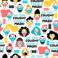 Seamless pattern. People in protective medical face masks protecting themselves from the virus. 