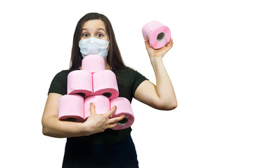 Coronavirus COVID-19 hysteria with toilet paper. Woman in a protective mask. Concept on the topic...