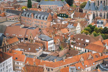 Panoramic view from the Belfort tower on the historic part of Bruges and the Cathedral of St. Salvator, the main pedestrian street with many shops, Belgium. Travel to Belgium.