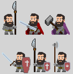 Set of warriors pixel characters in art style