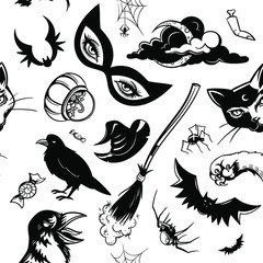 Vector Black and White Halloween Seamless Pattern