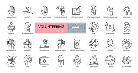 Volunteering, charity icons. Set of images with editable stroke. Help and support for children and adults, animals. Humanitarian aid, volunteers health, politics, sports, friendship, kindness, sponsor