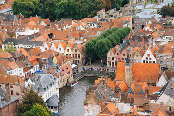 Panoramic view from the Belfort tower on the historic part of Bruges and the Cathedral of St. Salvator, the main pedestrian street with many shops, Belgium. Travel to Belgium.