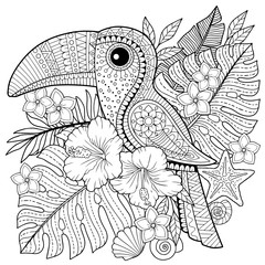 Vector coloring book for adults. Toucan among tropical leaves and flowers. Coloring page for relax and relif