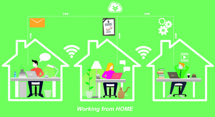 Working at home, workplace, concept illustration. Young and male freelancers working at home. Vector flat style illustration. economy, communication, mail business concept.
