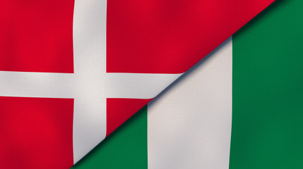 The flags of Denmark and Nigeria. News, reportage, business background. 3d illustration