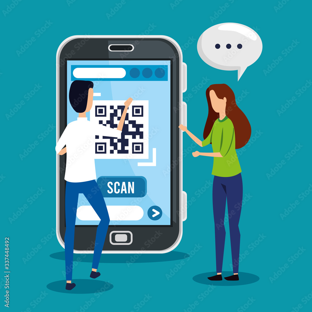 Poster qr code inside smartphone woman man and bubble design of technology scan information business price 