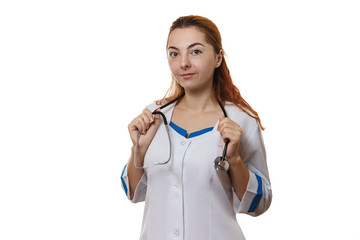Young doctor woman with stethoscope isolated on white background