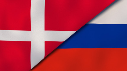 The flags of Denmark and Russia. News, reportage, business background. 3d illustration