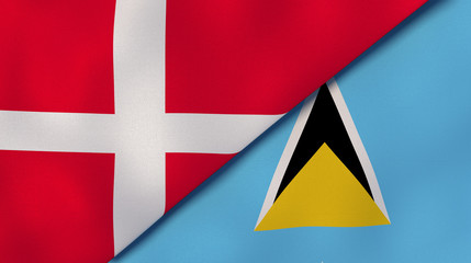 The flags of Denmark and Saint Lucia. News, reportage, business background. 3d illustration