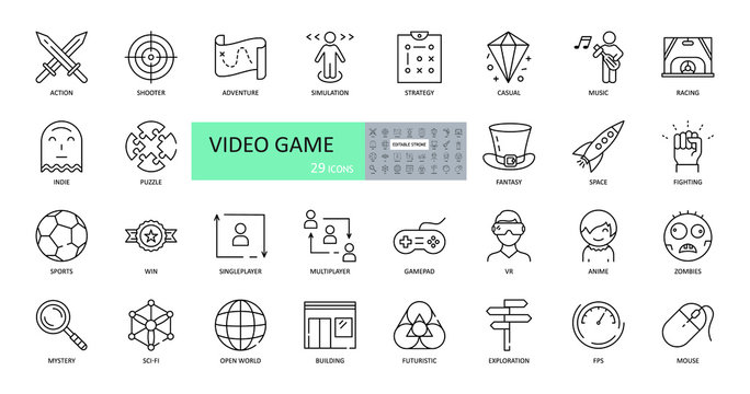 Video game icons. Set of images with editable stroke. Browser and downloadable games for computers and consoles. Action, strategy, adventure, simulator, race, football, victory, mystery, VR