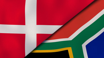 The flags of Denmark and South Africa. News, reportage, business background. 3d illustration