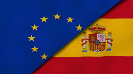 The flags of European Union and Spain. News, reportage, business background. 3d illustration