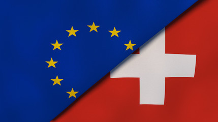 The flags of European Union and Switzerland. News, reportage, business background. 3d illustration