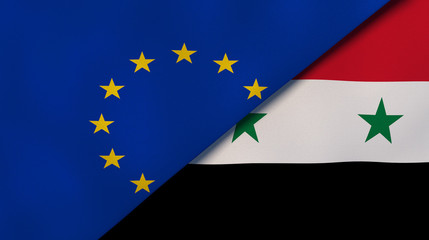The flags of European Union and Syria. News, reportage, business background. 3d illustration