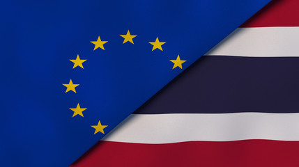 The flags of European Union and Thailand. News, reportage, business background. 3d illustration