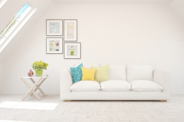 White living room with sofa and colorful pillows. Scandinavian interior design. 3D illustration