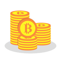 Flat icon isolated on white. Online paying pictogram. Crypto currency, virtual electronic, internet money. Stack of bitcoin gold coins with coin in front of it.
