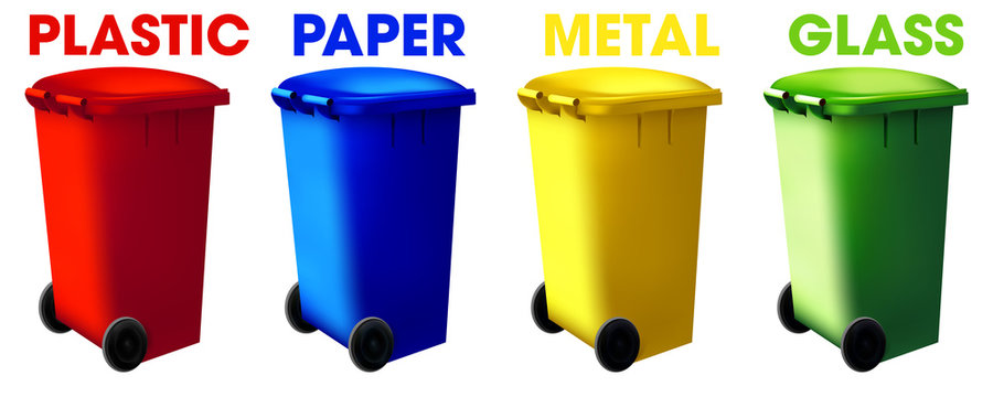 Trashcan recycled container. Street dustbin set. Sorting eco system bin. Vector collection of recycled symbol on colorful bin.