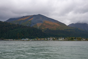 Seward city center and waterfront in fall, Seward, Kenai Peninsula, Alaska, USA. Seward is a city located on fjord Resurrection Bay at Gulf of Alaska on the Kenai Peninsula