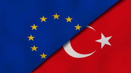The flags of European Union and Turkey. News, reportage, business background. 3d illustration
