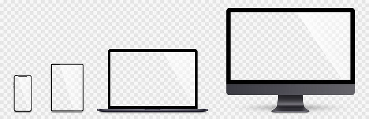 Realistic set computer, laptop, tablet and smartphone. Device screen mockup collection. Realistic space gray mock up computer, laptop, tablet, phone with shadow- stock vector.